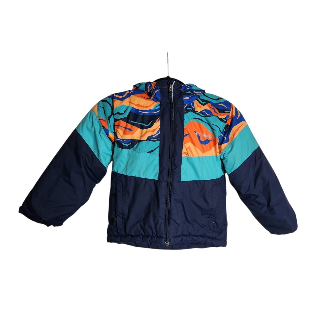 Columbia Kids XS 6/7 Blue Orange Abstract Print Hooded Puffer Jacket